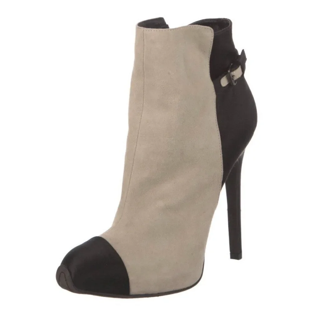 giambattista valli Authentic Beige Black Suede Leather Satin Heel Ankle Boots